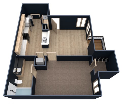 A 3D floor plan of a house with a kitchen, living room, and bathroom.
