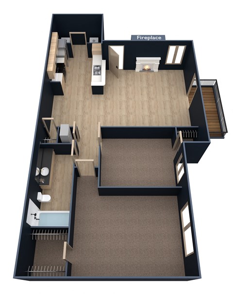 A top-down view of a house layout with a fireplace labeled.