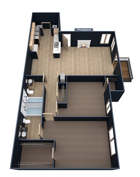 A floor plan of a house with a fireplace labeled.