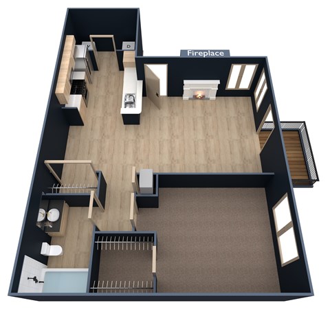 A top-down view of a house layout with a fireplace labeled.