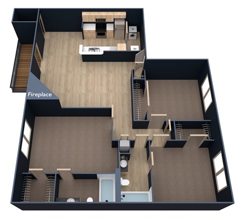 A 3D floor plan of a house with a fireplace.