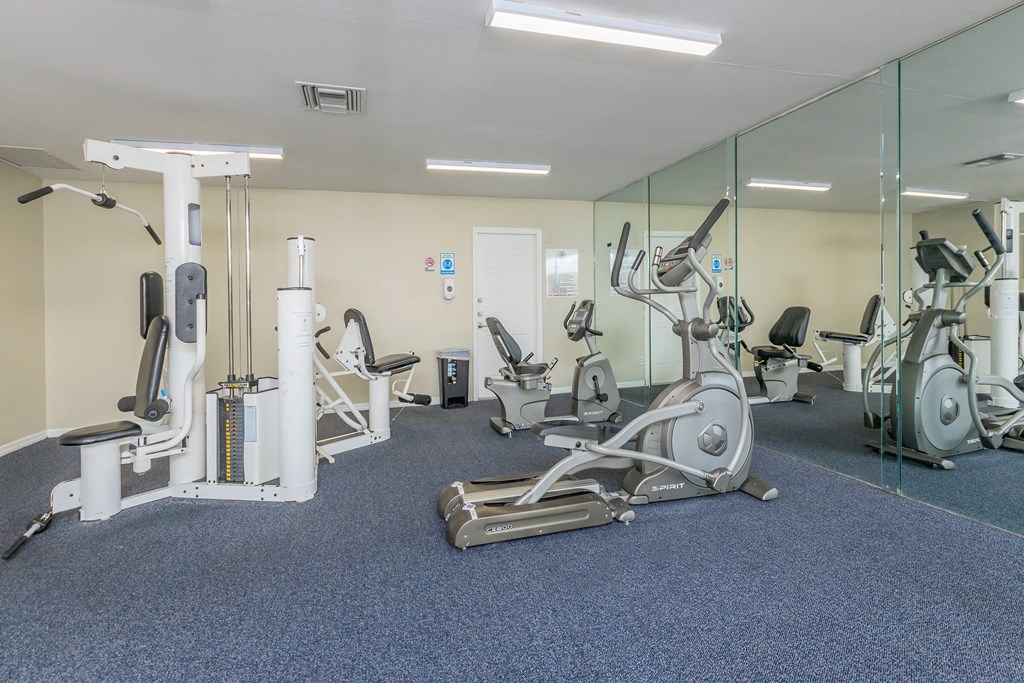 a gym with cardio equipment and mirrors in a building