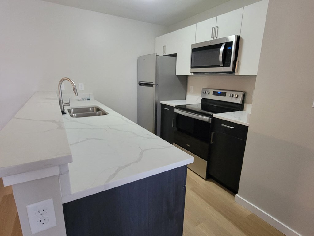 a kitchen with a marble counter top and stainless steel appliances