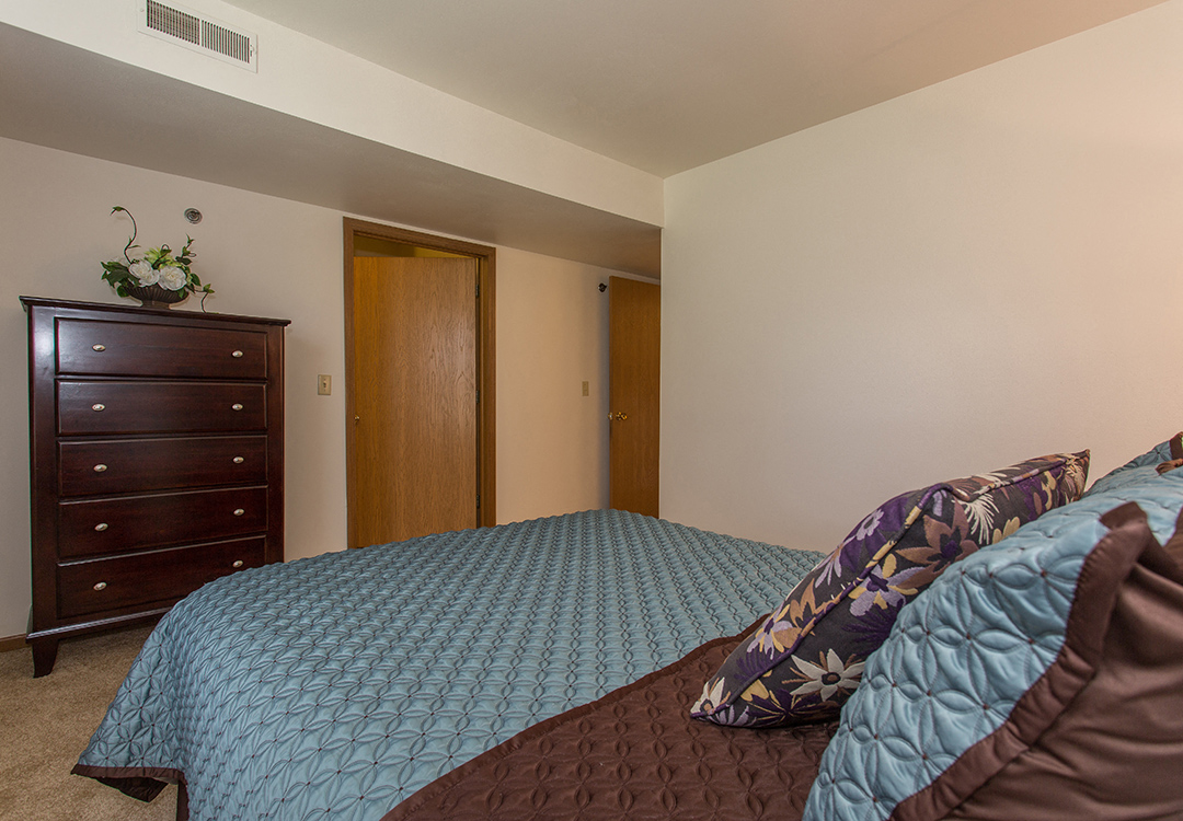 a bedroom with a bed and a dresser