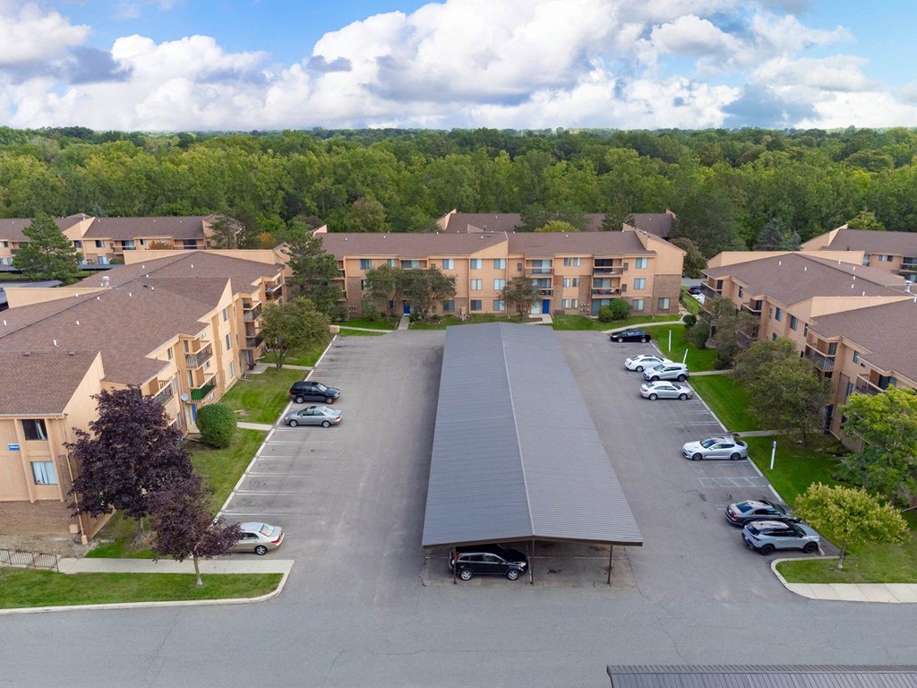 Community View with Carports at Franklin River Apartments, Southfield, MI 48034