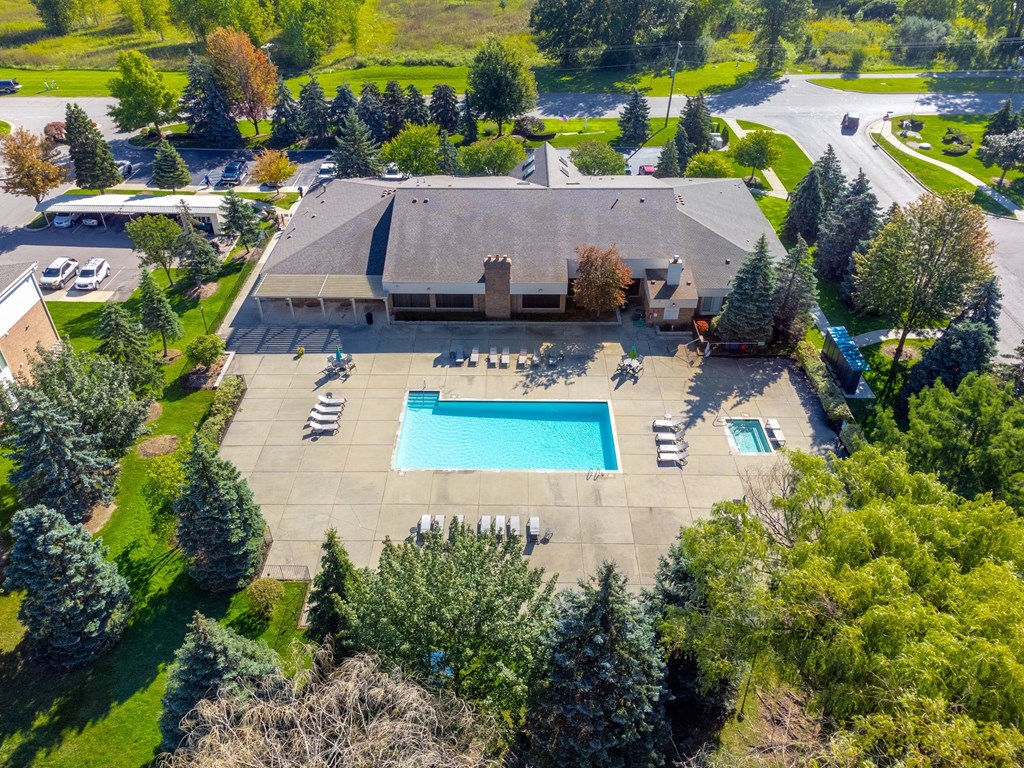 Aerial View of Clubhouse and Pool at Prentiss Pointe