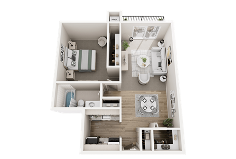 1 Bed 1 Bath 760 Sq. Ft. Floor Plan at Dover Hills Apartments in Kalamazoo, MI, 49009
