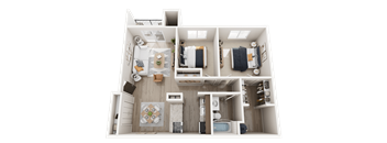 A 3D rendered image of a modern apartment layout.