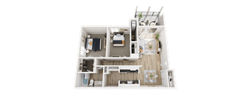 2 Bed 1 Bath Floor Plan at Three Oaks Apartments in Troy, MI, 48098