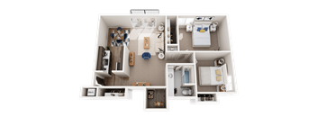 2 Bed 1 Bath Floor Plan at Knottingham Apartments, Clinton Township, MI