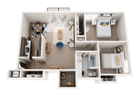 2 Bed 1 Bath Floor Plan at Knottingham Apartments, Clinton Township, MI