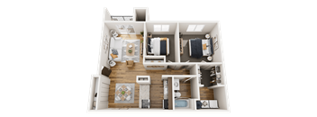A 3D floor plan of a small apartment with a kitchen, living room, and bathroom.