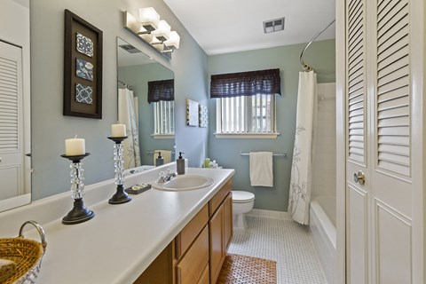 Long Bathroom with Storage Space, Pet Friendly Apartments in Harrison Township, Drawbridge Apartments