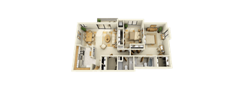 This pet-friendly, 1,200-square-foot two-bedroom, two-bath apartment features an open kitchen layout, spacious living areas, ample storage, and a private patio or balcony.