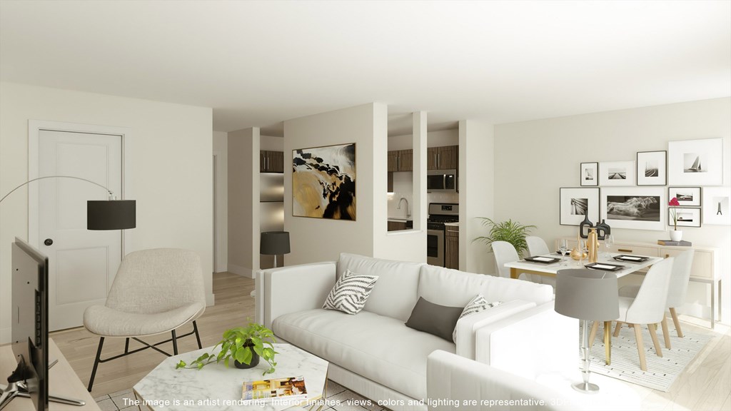 Upgraded living room with kitchen at Franklin River Apartments in Southfield