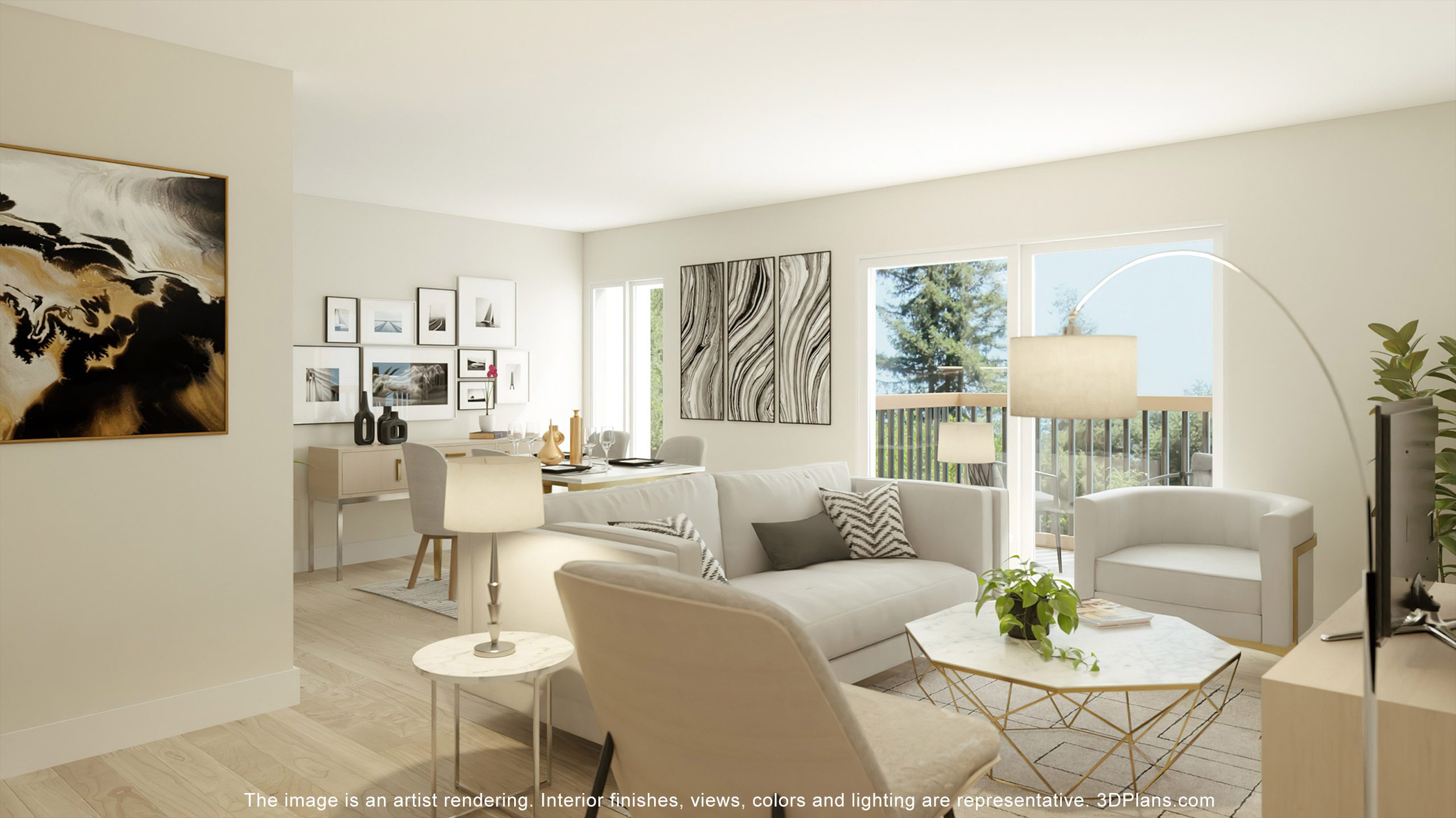 A living room with a white couch, a coffee table, and a large painting on the wall.