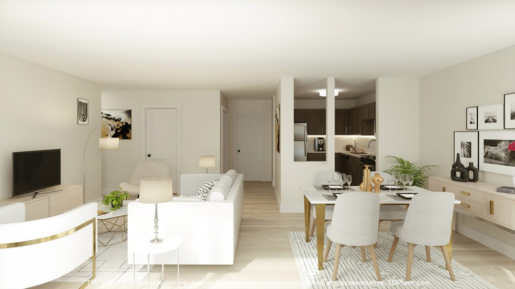 Upgraded living room with kitchen at Franklin River Apartments in Southfield