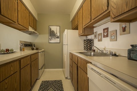 Kitchen with all appliances included (refrigerator, stove, dishwasher and garbage disposal) at Woodland Villa Apartments in Westland