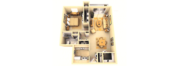 A 3D floor plan of a house showing a living room, kitchen, dining room, and two bedrooms.