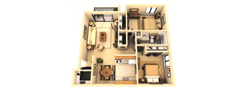A 3D floor plan of a small apartment with a kitchen, living room, and bedroom.