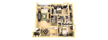 A 3D floor plan of a house with multiple rooms and furniture.