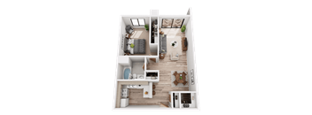 A 3D floor plan of a small apartment with a kitchen, living room, and bedroom.