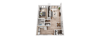 A detailed 3D floor plan of a two-story apartment.