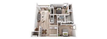 A detailed 3D floor plan of a two-bedroom apartment.