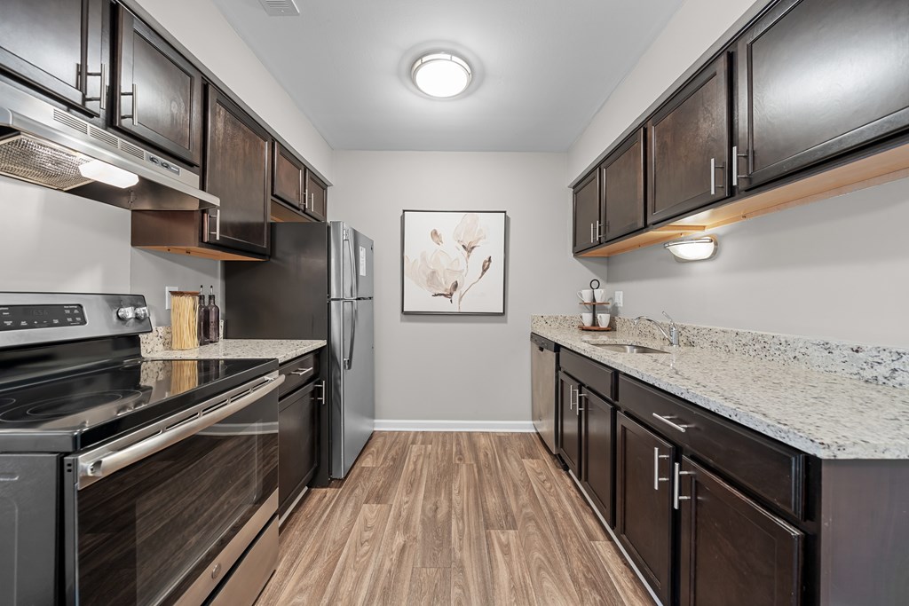 Spacious Kitchen  with stainless steel appliances and dark cabinets at Lakeside Village Apartments Clinton Township, MI