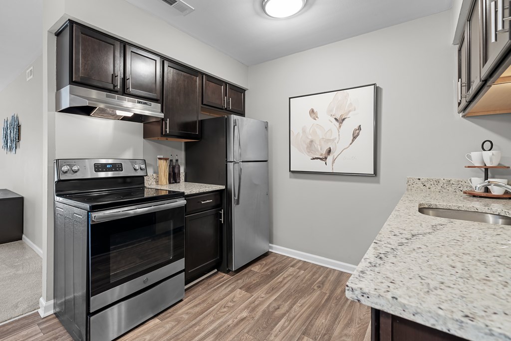 Spacious Kitchen  with stainless steel appliances and dark cabinets at Lakeside Village Apartments Clinton Township, MI