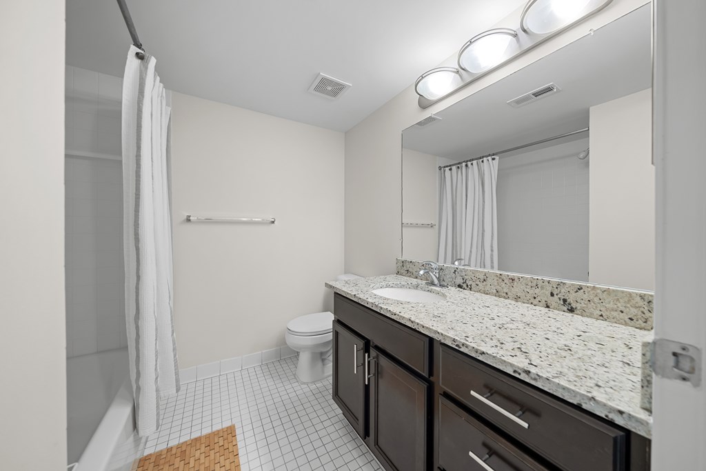 Modern bathroom with large vanity mirror and tub/shower at Lakeside Village Apartments in Clinton Township, MI