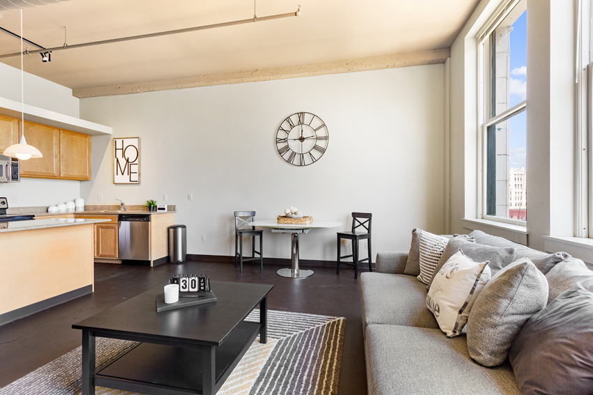 Model Living Room Welcoming Living Room at Lofts of Merchants Row, Detroit, MI