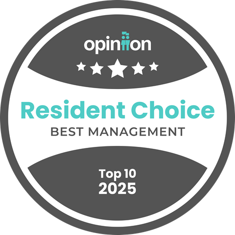 A badge-like graphic with the text "opinion Resident Choice BEST MANAGEMENT Top 10 2025".