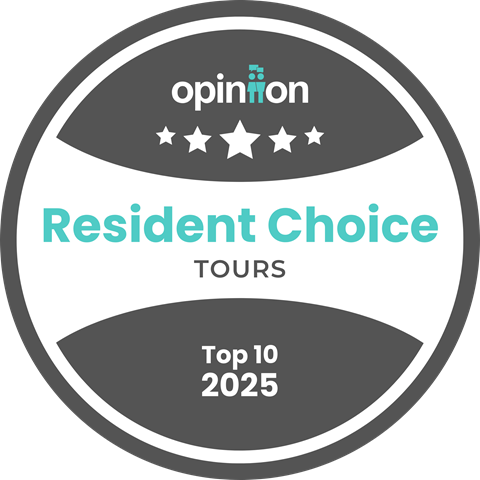 A badge-like graphic with the text "opinion", "Resident Choice", "TOURS", and "Top 10 2025".