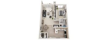 a 3d rendering of the 1 bedroom floor plan with roommates