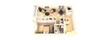 A top down view of a living room with a dining area and kitchen.