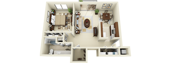 A 3D floor plan of a house showing a living room, kitchen, dining room, and bedrooms.