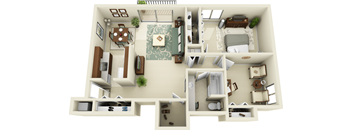 A 3D floor plan of a house with a living room, kitchen, dining room, and bedrooms.
