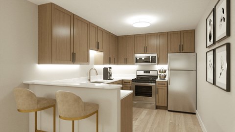A kitchen with wooden cabinets and a white countertop.