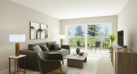 A modern living room with a grey sofa, a wooden side table, and a large window with a view of trees.