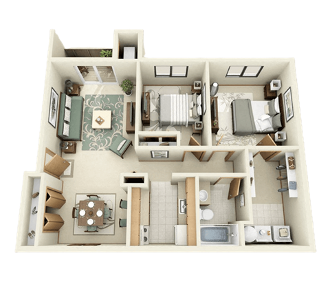 A 3D floor plan of a house showing a kitchen, living room, dining room, and bedrooms.