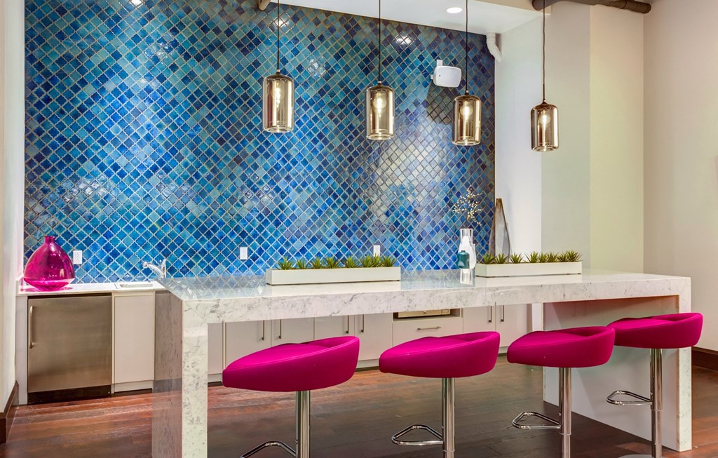 Blue wall clubroom at Arcade Artist Apartments, St Louis, 63101