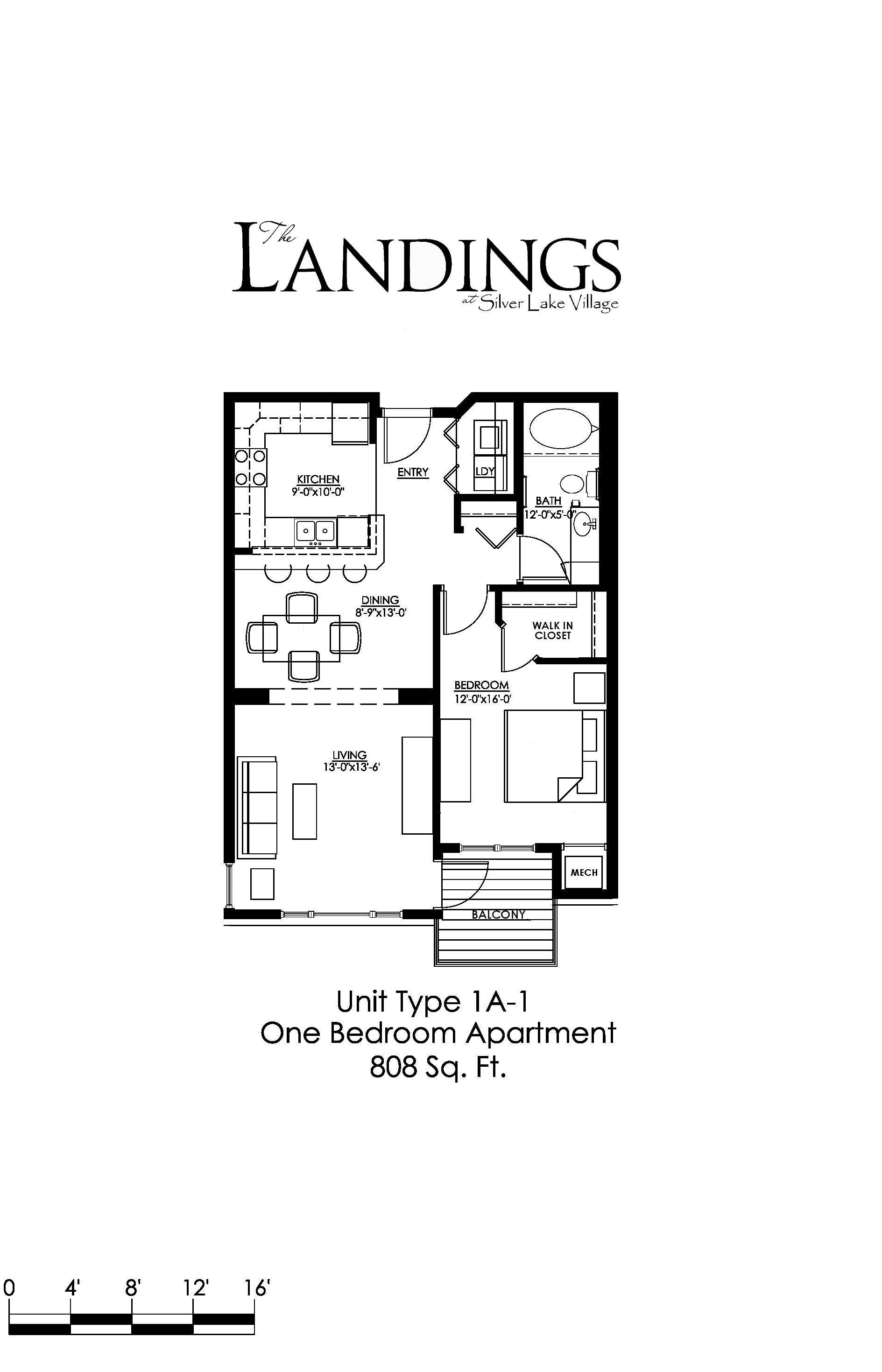 A drawing of a floor plan for a one bedroom apartment.