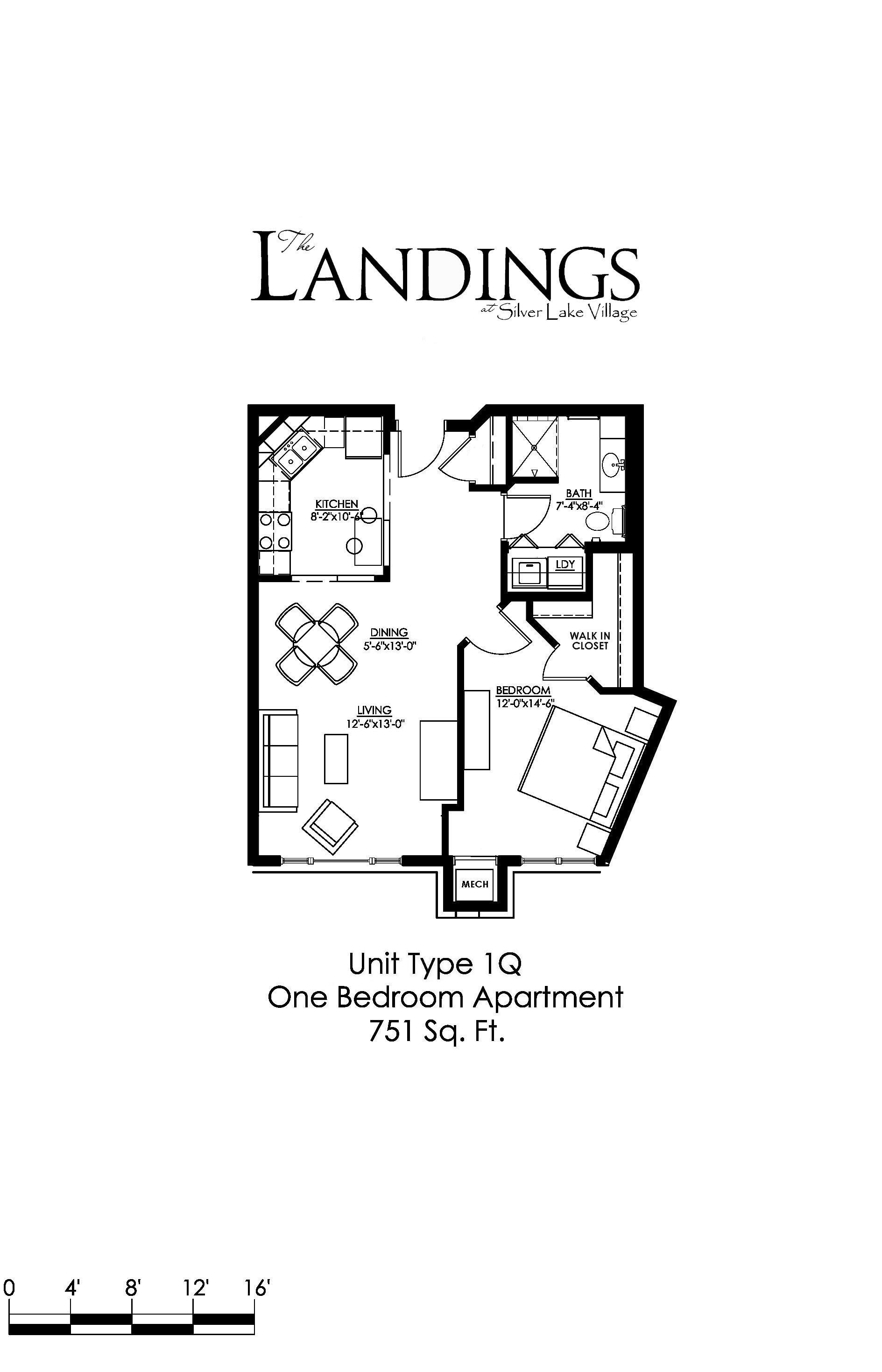 A drawing of a floor plan for a 751 sq. ft. one bedroom apartment.