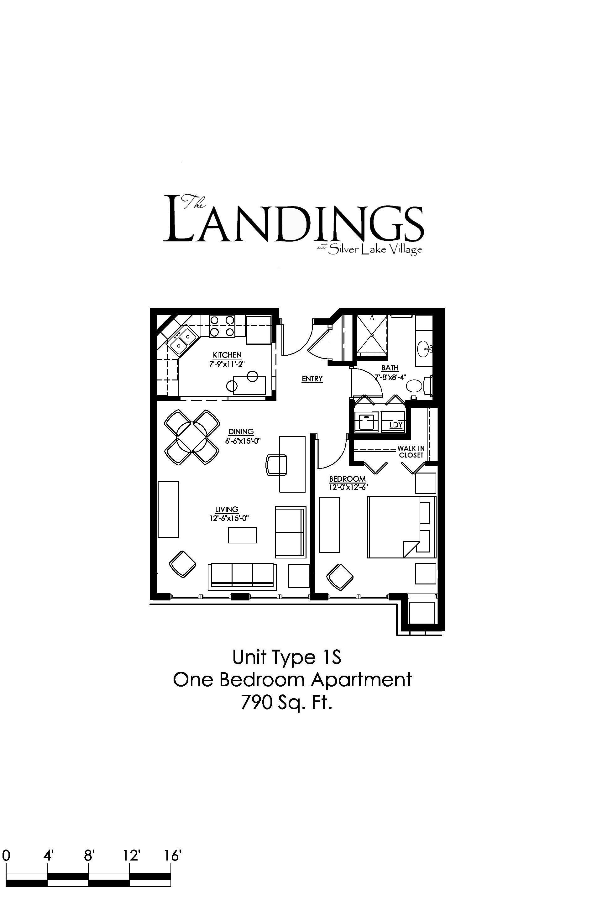 A drawing of a floor plan for a one bedroom apartment.