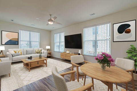 A living room with a wooden coffee table and a flat screen TV.
