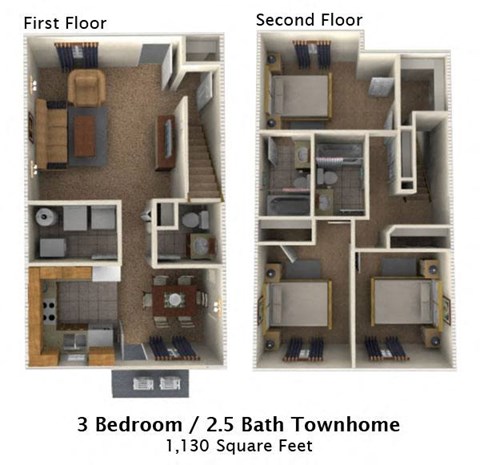 3 Bedroom Townhome Floor Plan Image at Chariot Pointe Apartments, Murfreesboro, TN 37130