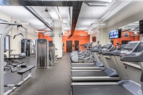 A gym with treadmills, weights, and exercise equipment.
