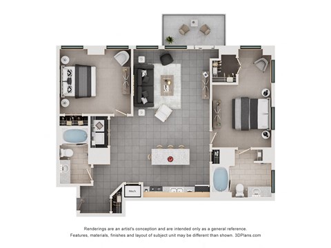 A floor plan of a house with a kitchen, living room, and bathrooms.