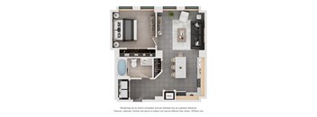 a floor plan of a studio apartment with a bedroom and a bathroom
